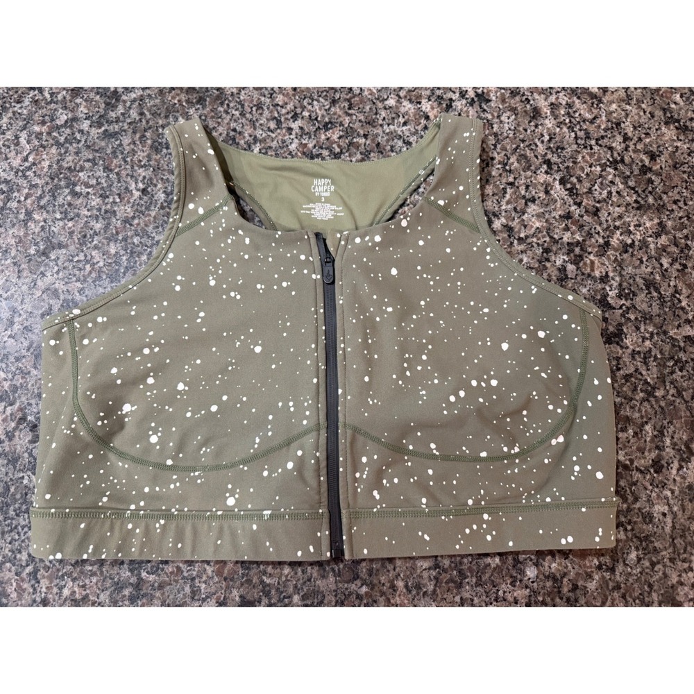 Torrid Happy Camper Olive Green Splatter Print Front Zip Sports Bra Size 3 Plus